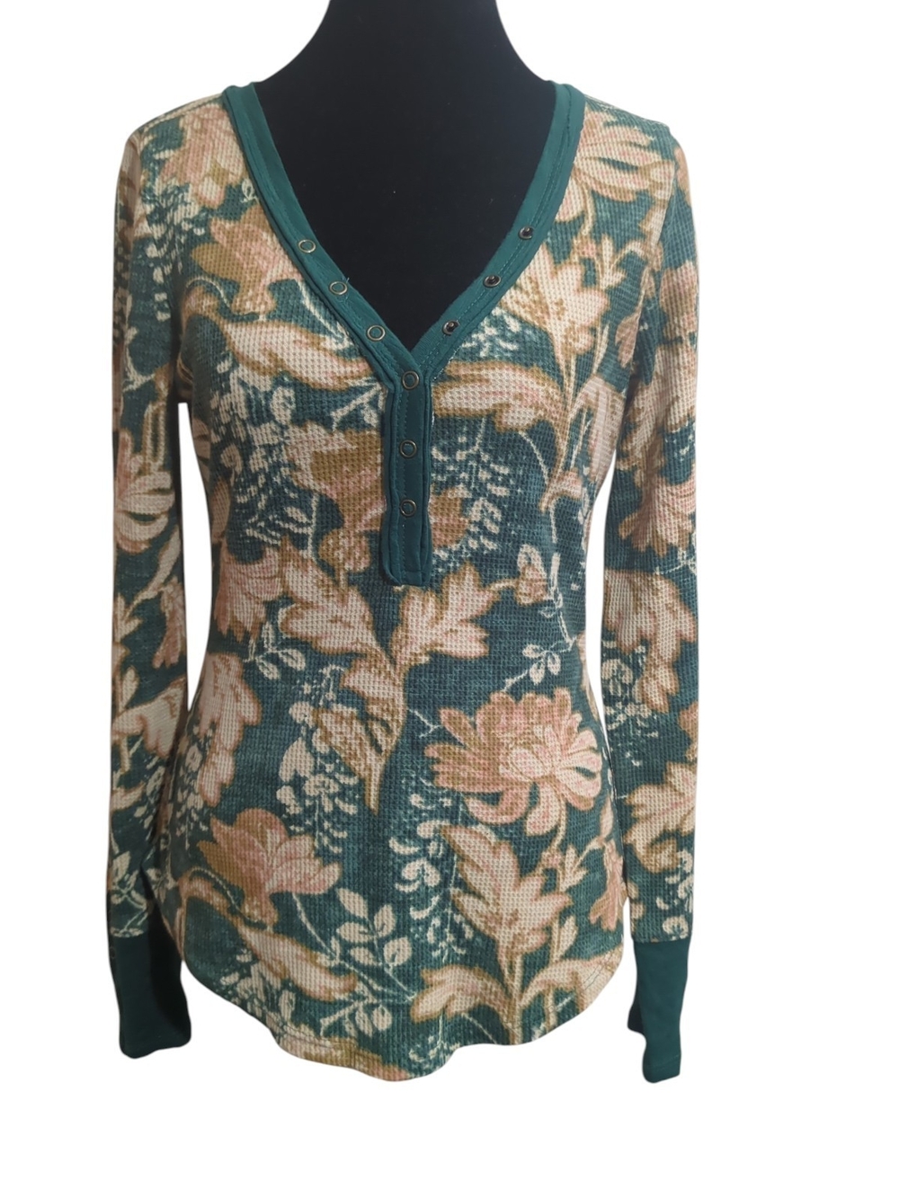 Anthropologie Pilcro Floral Waffle Knit Henley Thermal Top Boho Gorpcore Granola